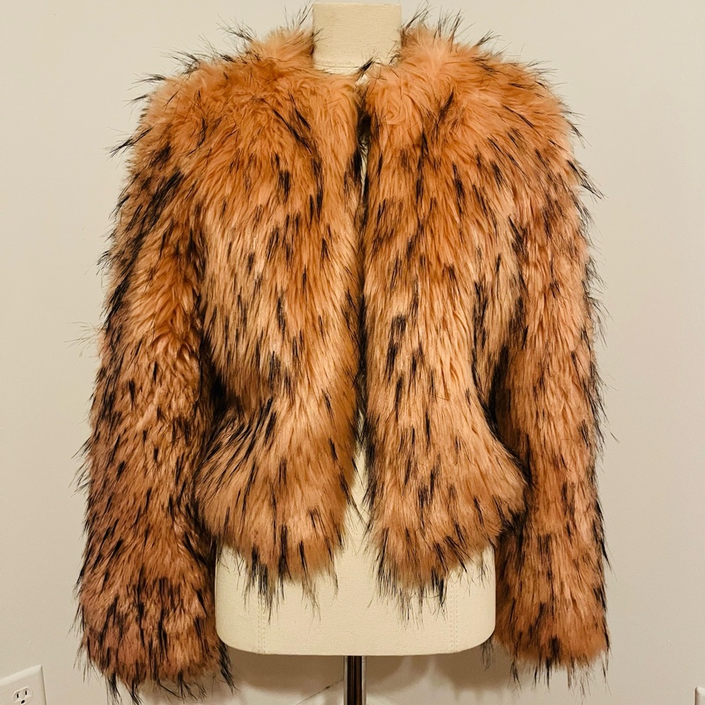 Marciano Vibrant Coral and Black Faux Fur Jacket